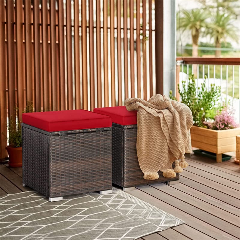 2PCS Wicker Outdoor Storage Ottomans with Removable Cushions, Multipurpose PE Rattan Footrest Side Table Seating for Patio Poolside Backyard