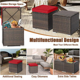 2PCS Wicker Outdoor Storage Ottomans with Removable Cushions, Multipurpose PE Rattan Footrest Side Table Seating for Patio Poolside Backyard