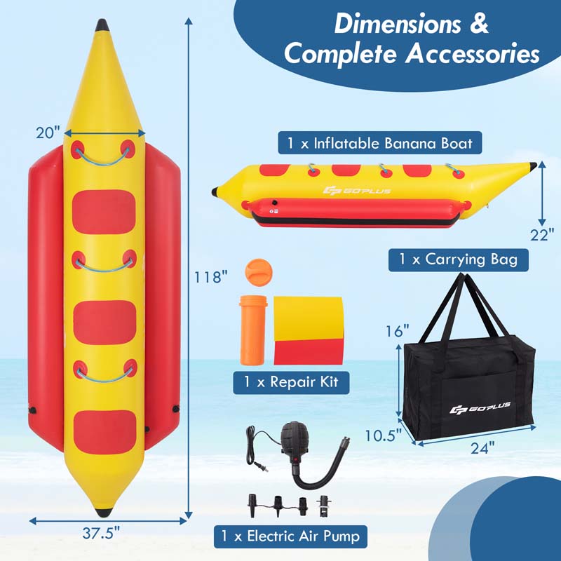 3-Person Inflatable Towable Tubes for Boating w/Electric Air Pump, Water Recreation Sports Banana Boat for Towing Rider