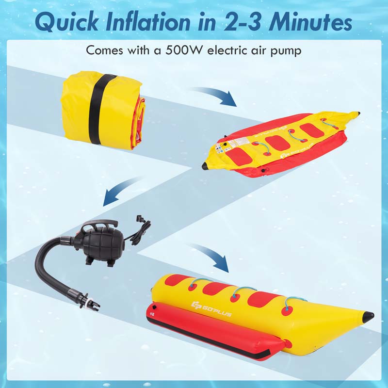 3-Person Inflatable Towable Tubes for Boating w/Electric Air Pump, Water Recreation Sports Banana Boat for Towing Rider