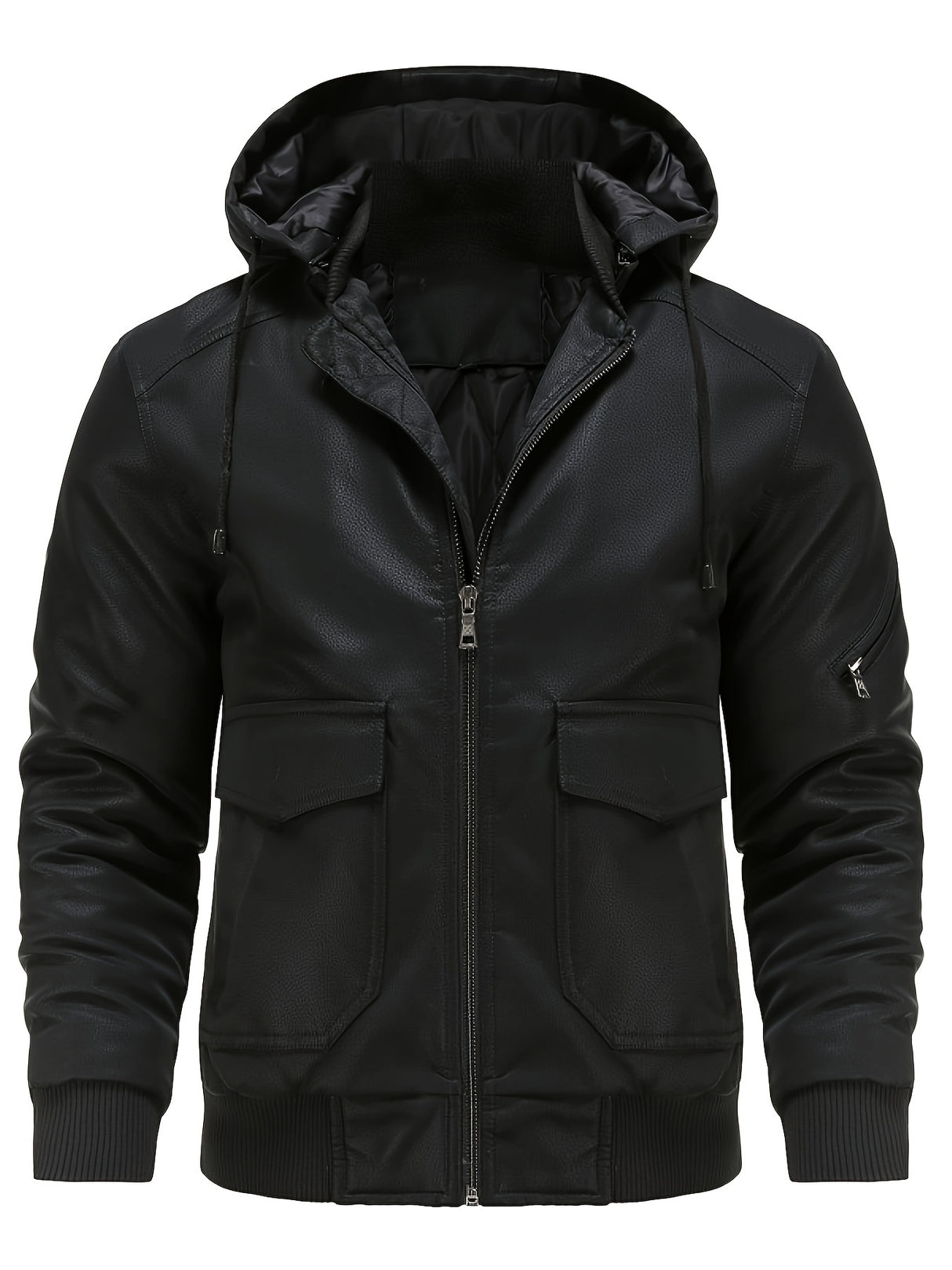 Men’s Hooded Leather Jacket – Quilted Lined Winter Casual Outerwear