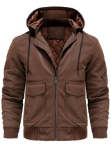 Men’s Hooded Leather Jacket – Quilted Lined Winter Casual Outerwear