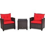 3 Pcs Rattan Patio Conversation Set Outdoor Wicker Sofa Set with Washable Cushions & Coffee Table