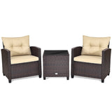 3 Pcs Rattan Patio Conversation Set Outdoor Wicker Sofa Set with Washable Cushions & Coffee Table