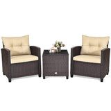 3 Pcs Rattan Patio Conversation Set Outdoor Wicker Sofa Set with Washable Cushions & Coffee Table