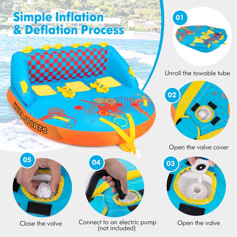 Inflatable Towable Tubes for Boating, 3 Riders Water Sport Towables Sofa Pull Tube with Drainage, Dual Front & Back Tow Points
