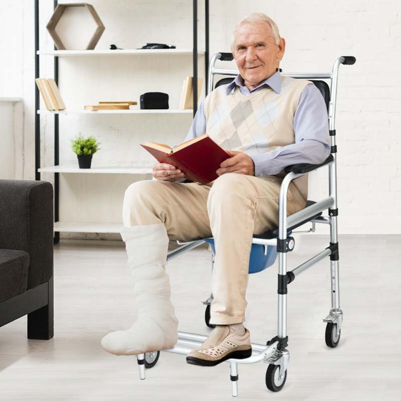 2-in-1 Foldable Shower Commode Wheelchair, Aluminum Alloy Transport Chair Toilet Bedside Wheelchair with Commode