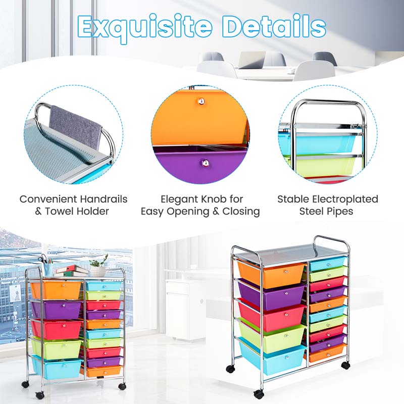 15-Drawer Storage Drawer Cart Tools Scrapbook Paper Organizer Cart Office School Utility Cart Rolling Storage Cart with Wheels