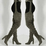 Women Faux Suede Thigh High Waist Belt Chunky High Heel Slouch Boots | Over The Knee Waist Belted Boots