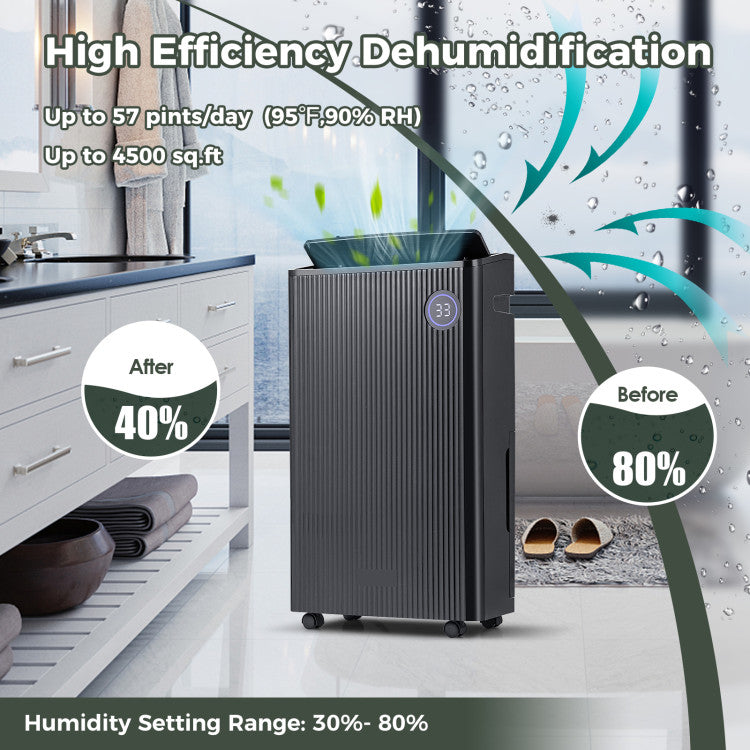57 Pint Dehumidifier for Basement, 4500 Sq.Ft Dehumidifier with Auto Drain Hose & Wheels, 3-Color Indicator, Dry Clothes Mode, 24H Timer