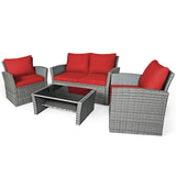 4 Pcs Rattan Patio Sectional Furniture Set with Storage Shelf Table, Cushioned Outdoor Wicker Conversation Sofa Set