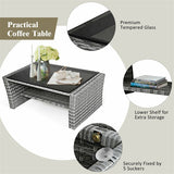 4 Pcs Rattan Patio Sectional Furniture Set with Storage Shelf Table, Cushioned Outdoor Wicker Conversation Sofa Set