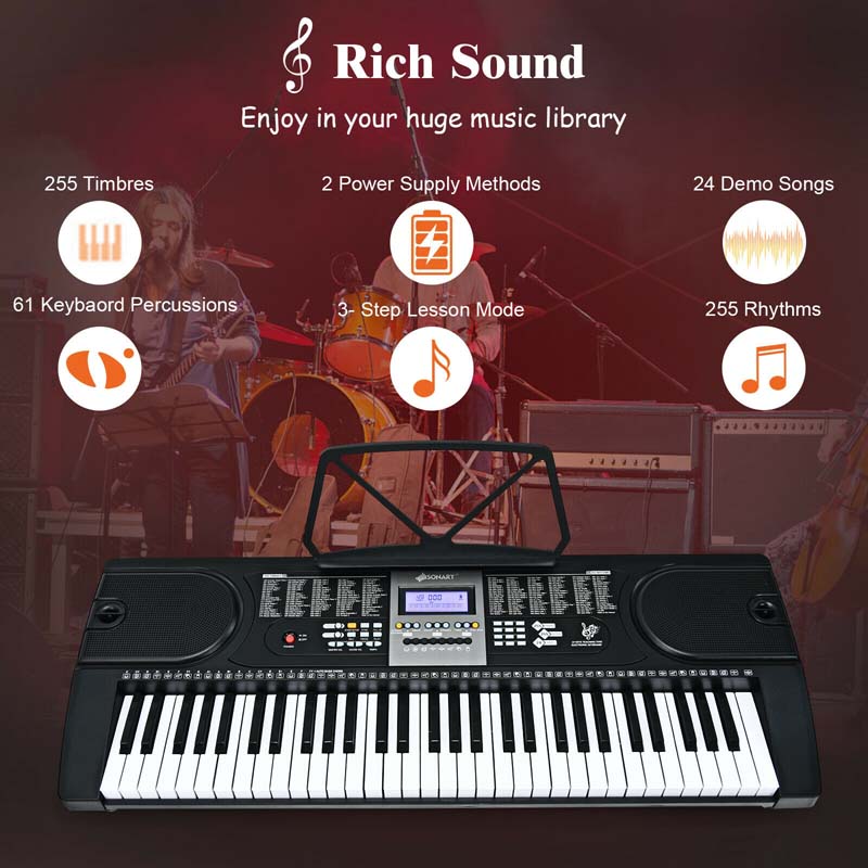 61 Key Keyboard Piano Starter Set with LCD Screen, Portable Digital Piano with Headphone, Foldable Piano Bench, Dual Power Supply