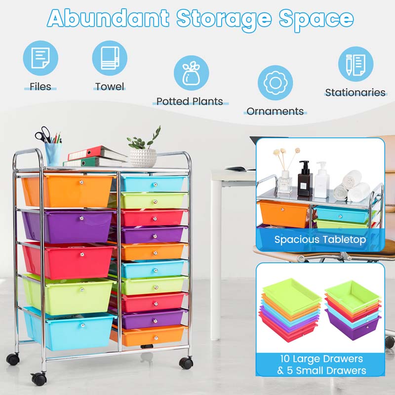 15-Drawer Storage Drawer Cart Tools Scrapbook Paper Organizer Cart Office School Utility Cart Rolling Storage Cart with Wheels