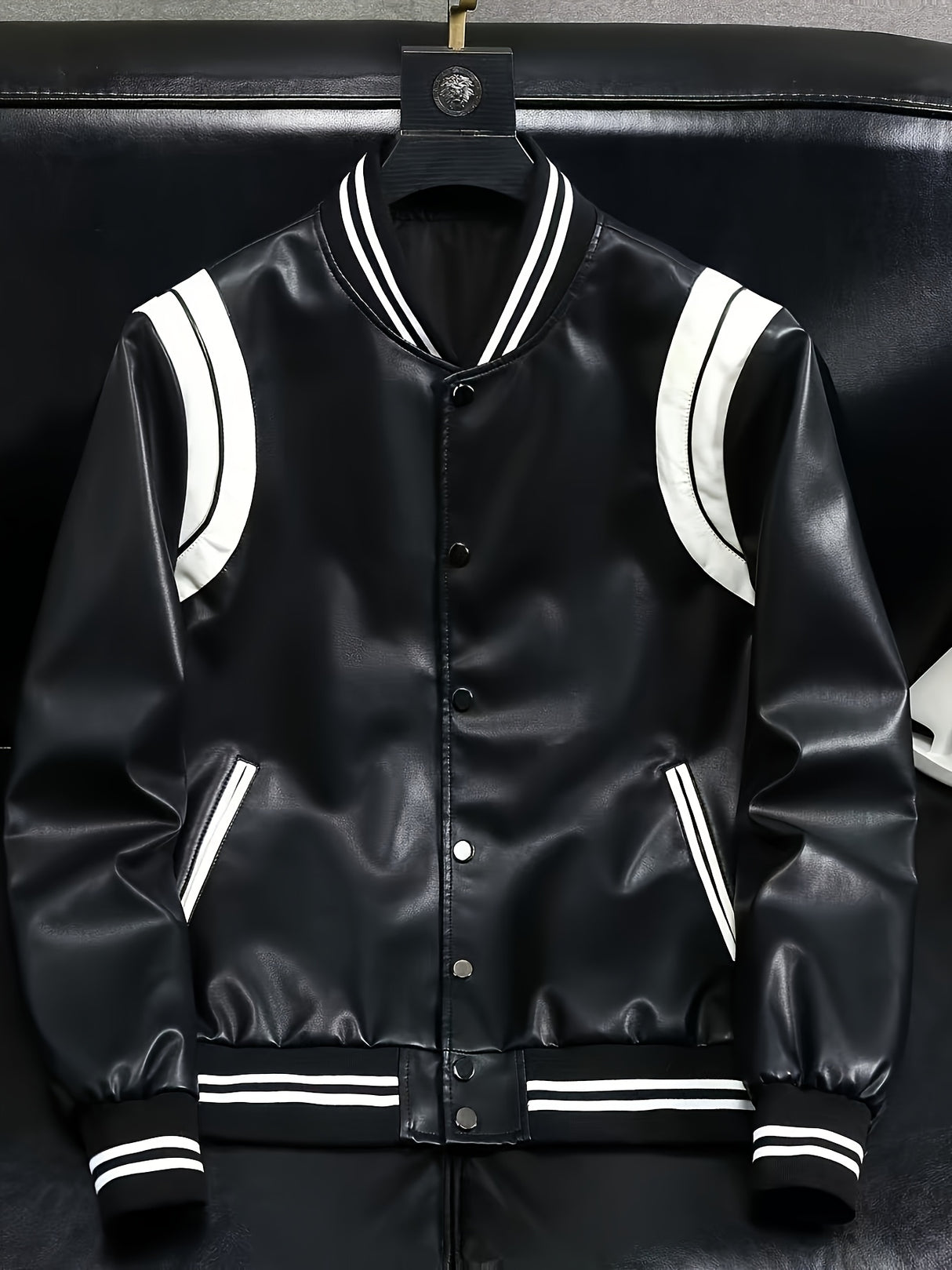Men’s Leather Motorcycle Jacket – Color Block Stand Collar Baseball Coat