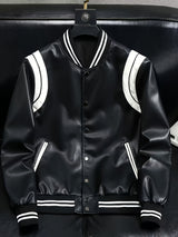 Men’s Leather Motorcycle Jacket – Color Block Stand Collar Baseball Coat