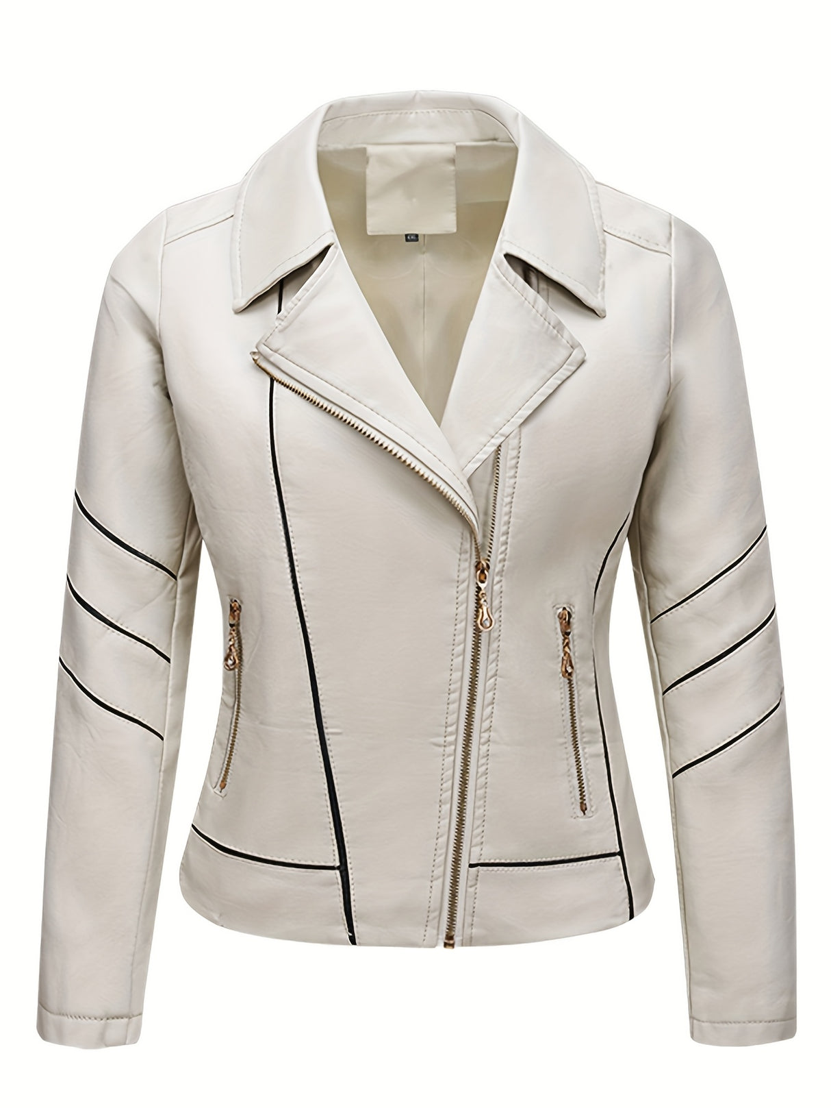 Women’s Slim Fit Zip-Up Leather Jacket – Striped Office Casual Coat