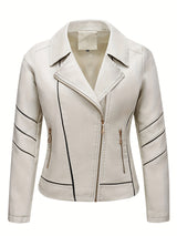 Women’s Slim Fit Zip-Up Leather Jacket – Striped Office Casual Coat