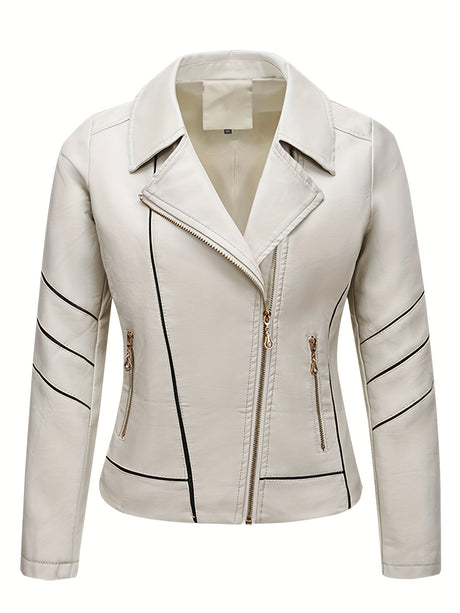 Women’s Slim Fit Zip-Up Leather Jacket – Striped Office Casual Coat