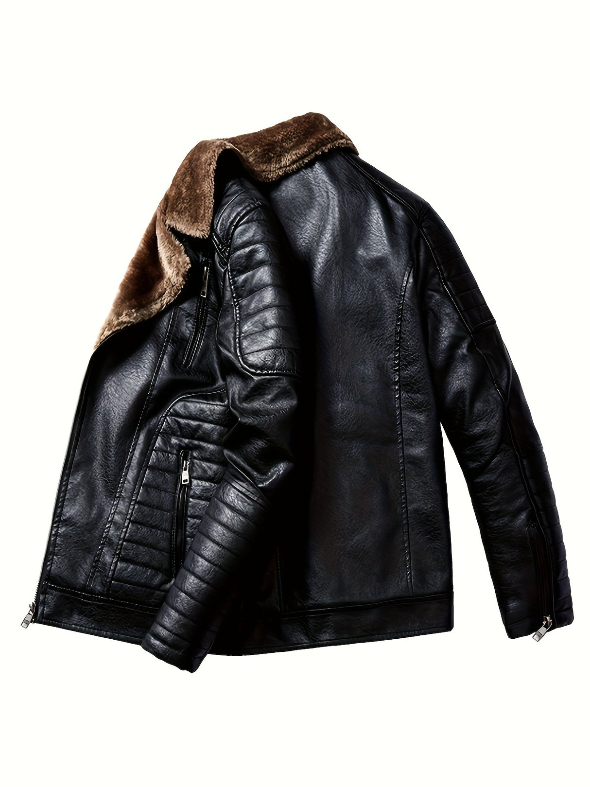 Men’s Youth Loose Leather Jacket – Fleece Lined Winter Motorcycle Coat