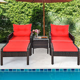 5 Pcs Rattan Patio Conversation Sets with Ottomans & Coffee Table, Wicker Outdoor Bistro Set