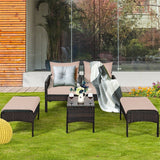 5 Pcs Rattan Patio Conversation Sets with Ottomans & Coffee Table, Wicker Outdoor Bistro Set