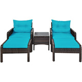 5 Pcs Rattan Patio Conversation Sets with Ottomans & Coffee Table, Wicker Outdoor Bistro Set