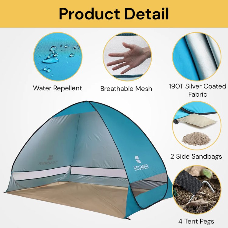 4-Person Beach Pop-Up Tent for Family Camping, Outdoor Events & Quick Setup