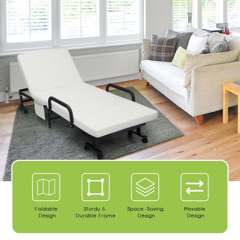 Folding Rollaway Bed with Mattress for Adult, Portable Guest Bed Frame with Adjustable 6 Position & Side Storage Pocket