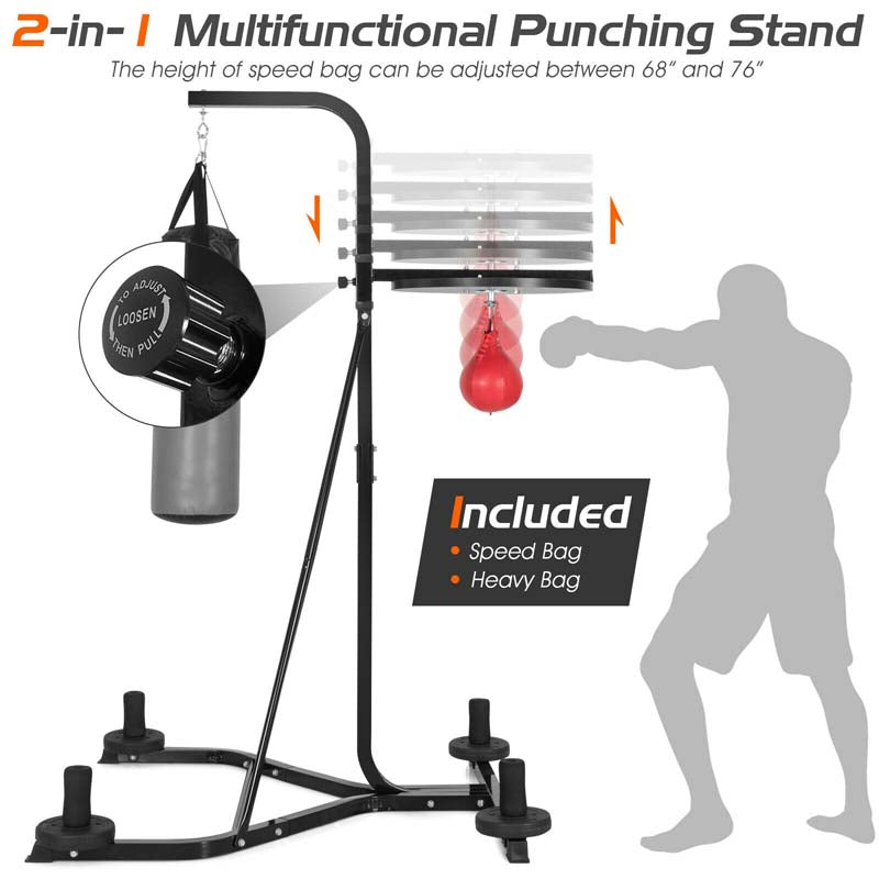 2-in-1 Height Adjustable Boxing Stand with Filled Punching Bag & Speed Ball, Heavy Duty Free Standing Boxing Station for Home Gym