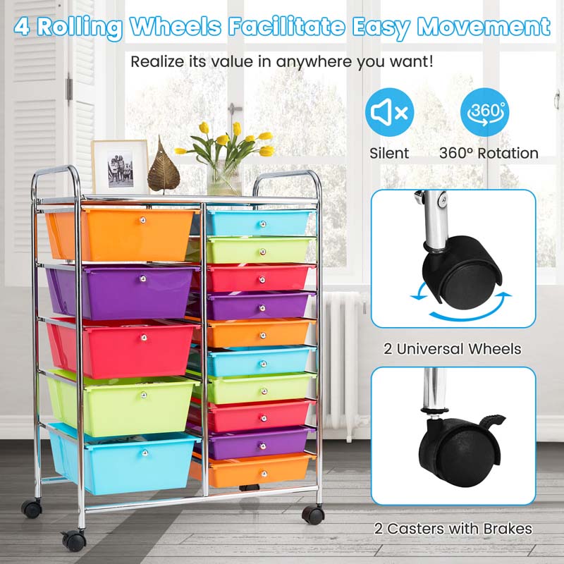 15-Drawer Storage Drawer Cart Tools Scrapbook Paper Organizer Cart Office School Utility Cart Rolling Storage Cart with Wheels