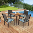 5 Pieces Patio Dining Set, 4 Cushioned Rattan Armchairs & Square Table with Wood-Plastic Tabletop & Umbrella Hole