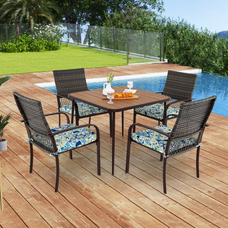 5 Pieces Patio Dining Set, 4 Cushioned Rattan Armchairs & Square Table with Wood-Plastic Tabletop & Umbrella Hole
