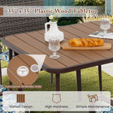 5 Pieces Patio Dining Set, 4 Cushioned Rattan Armchairs & Square Table with Wood-Plastic Tabletop & Umbrella Hole