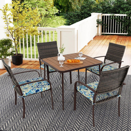 5 Pieces Patio Dining Set, 4 Cushioned Rattan Armchairs & Square Table with Wood-Plastic Tabletop & Umbrella Hole