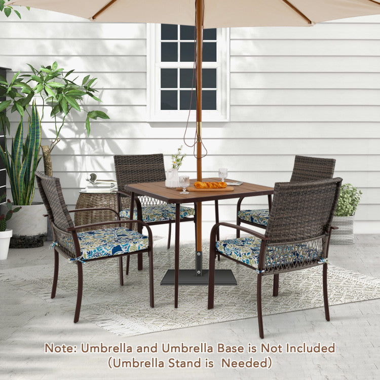 5 Pieces Patio Dining Set, 4 Cushioned Rattan Armchairs & Square Table with Wood-Plastic Tabletop & Umbrella Hole