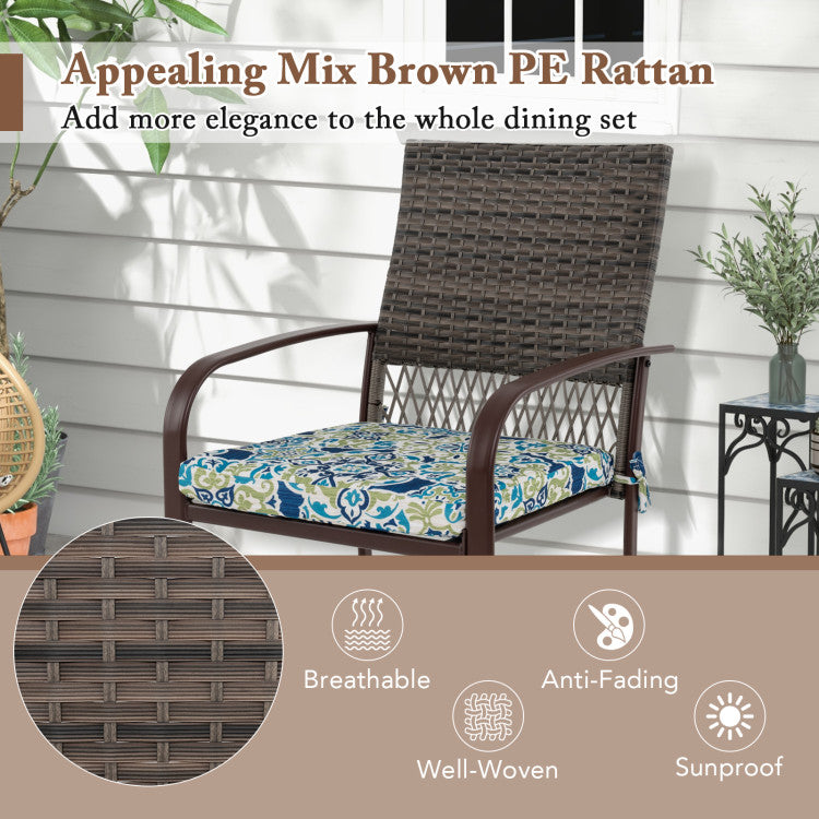 5 Pieces Patio Dining Set, 4 Cushioned Rattan Armchairs & Square Table with Wood-Plastic Tabletop & Umbrella Hole