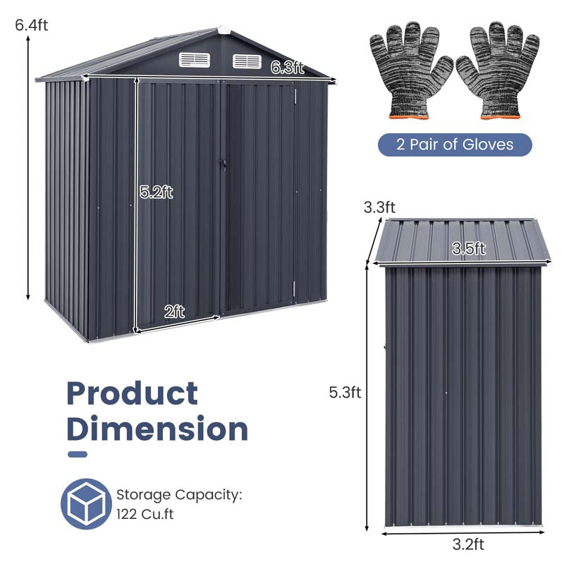 6.3 x 3.5 FT Metal Outdoor Storage Shed Garden Shed Tool Storage House with 4 Vents, Base Floor, Lockable Doors
