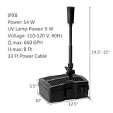 4-in-1 Koi Pond Filter Pump, 660 GPH Submersible Fountain Water Pump with 3 Fountain Heads & UV Light