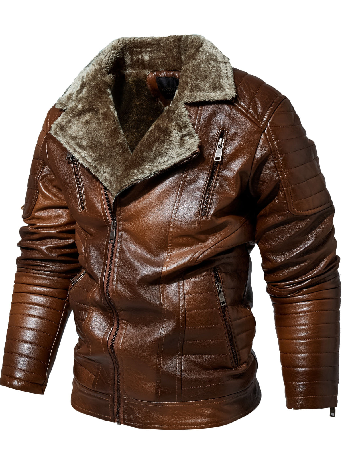 Men’s Youth Loose Leather Jacket – Fleece Lined Winter Motorcycle Coat