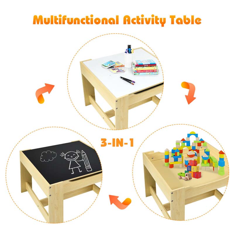 3-in-1 Kids Wood Table Chairs Set with Blackboard & Storage Drawers, Children Multi Activity Table for Learning Playing Drawing