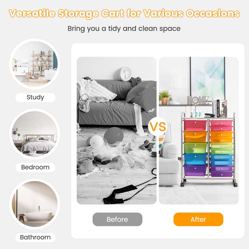 15-Drawer Storage Drawer Cart Tools Scrapbook Paper Organizer Cart Office School Utility Cart Rolling Storage Cart with Wheels