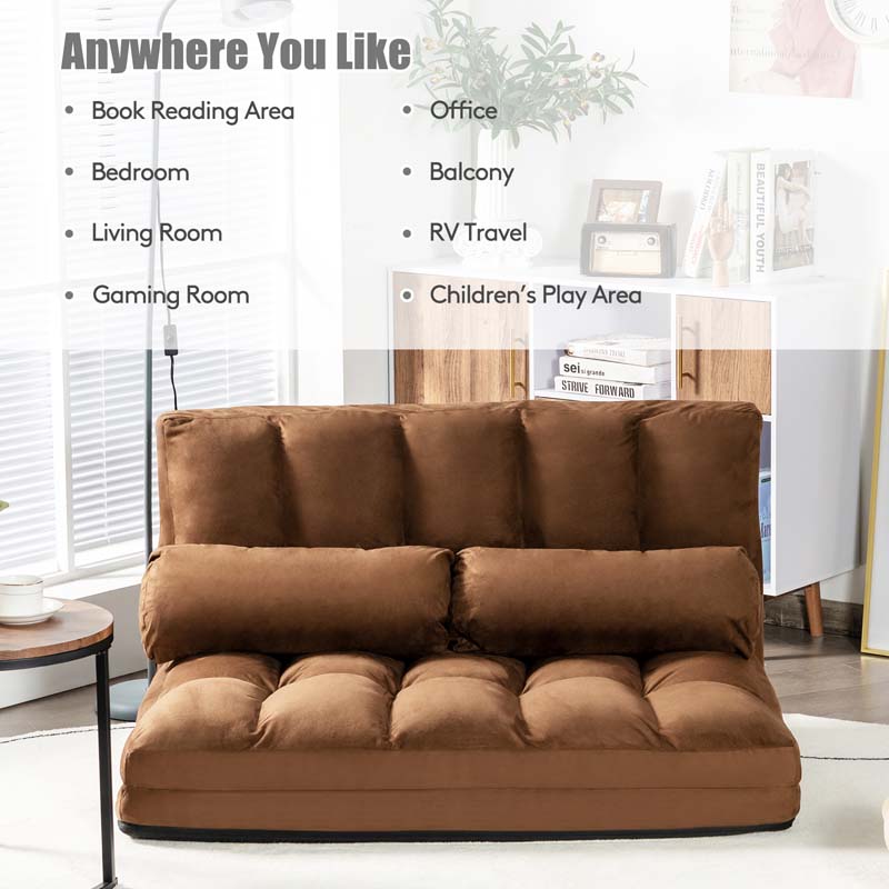Floor Sofa 6-Position Adjustable, Foldable Lazy Sofa Sleeper Bed, Suede Cloth Cover, Floor Gaming Sofa Couch with 2 Pillows