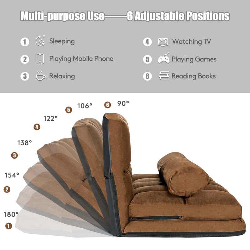 Floor Sofa 6-Position Adjustable, Foldable Lazy Sofa Sleeper Bed, Suede Cloth Cover, Floor Gaming Sofa Couch with 2 Pillows