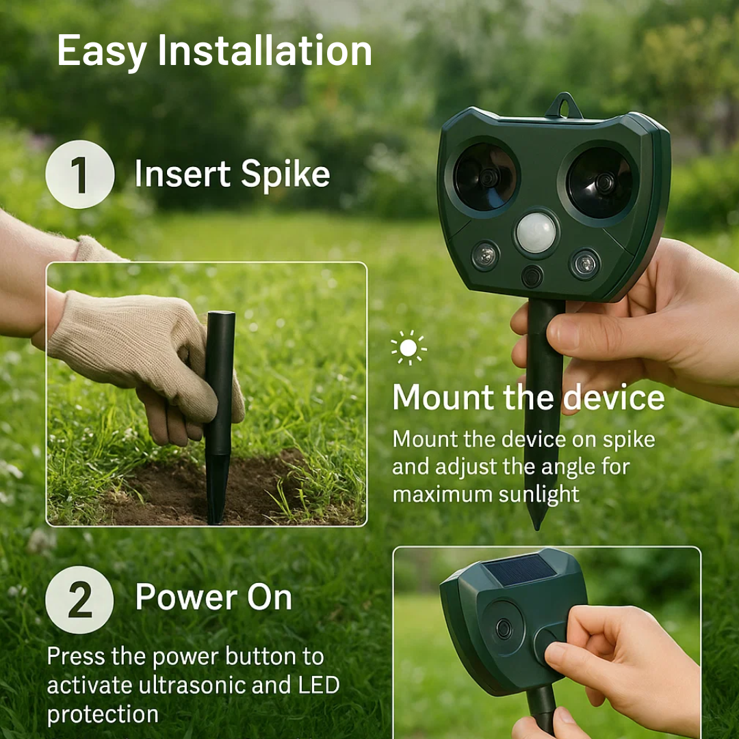 Ultrasonic Bird & Pest Defender | Weatherproof, Solar-Powered & Effective for Garden Protection