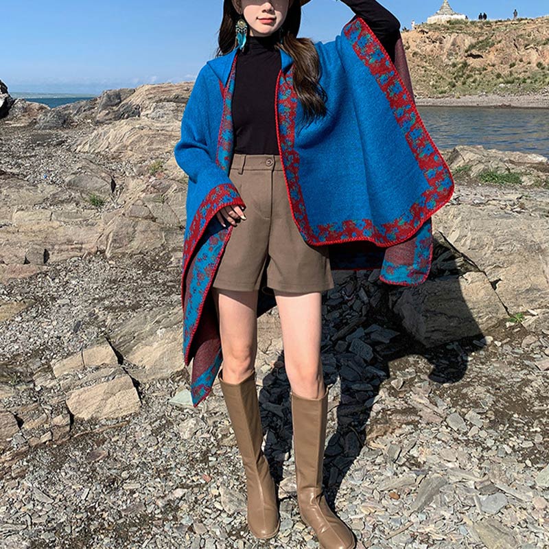 Tibetan Shawl Border Small Floral Flower Hooded Cloak