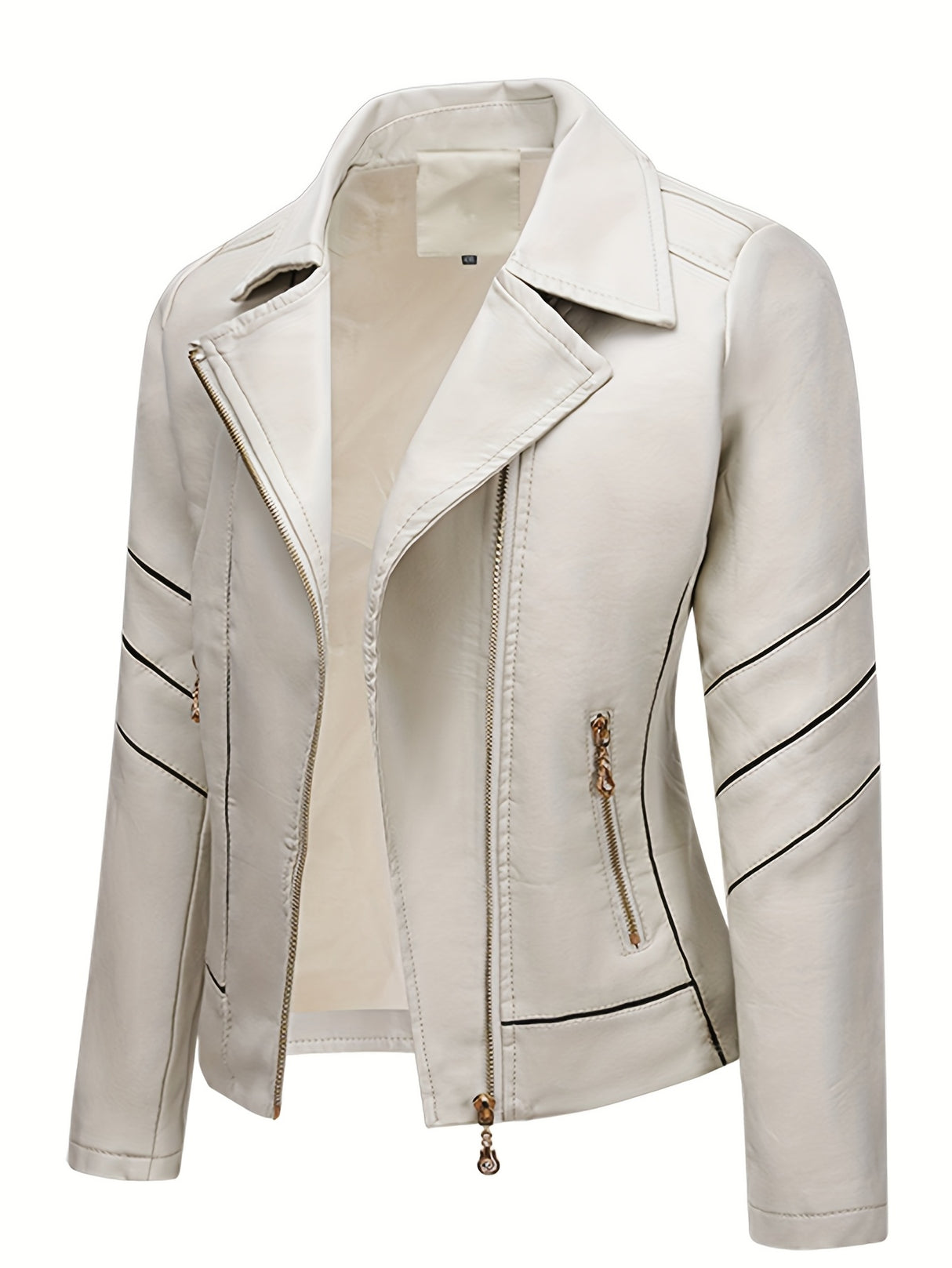 Women’s Slim Fit Zip-Up Leather Jacket – Striped Office Casual Coat