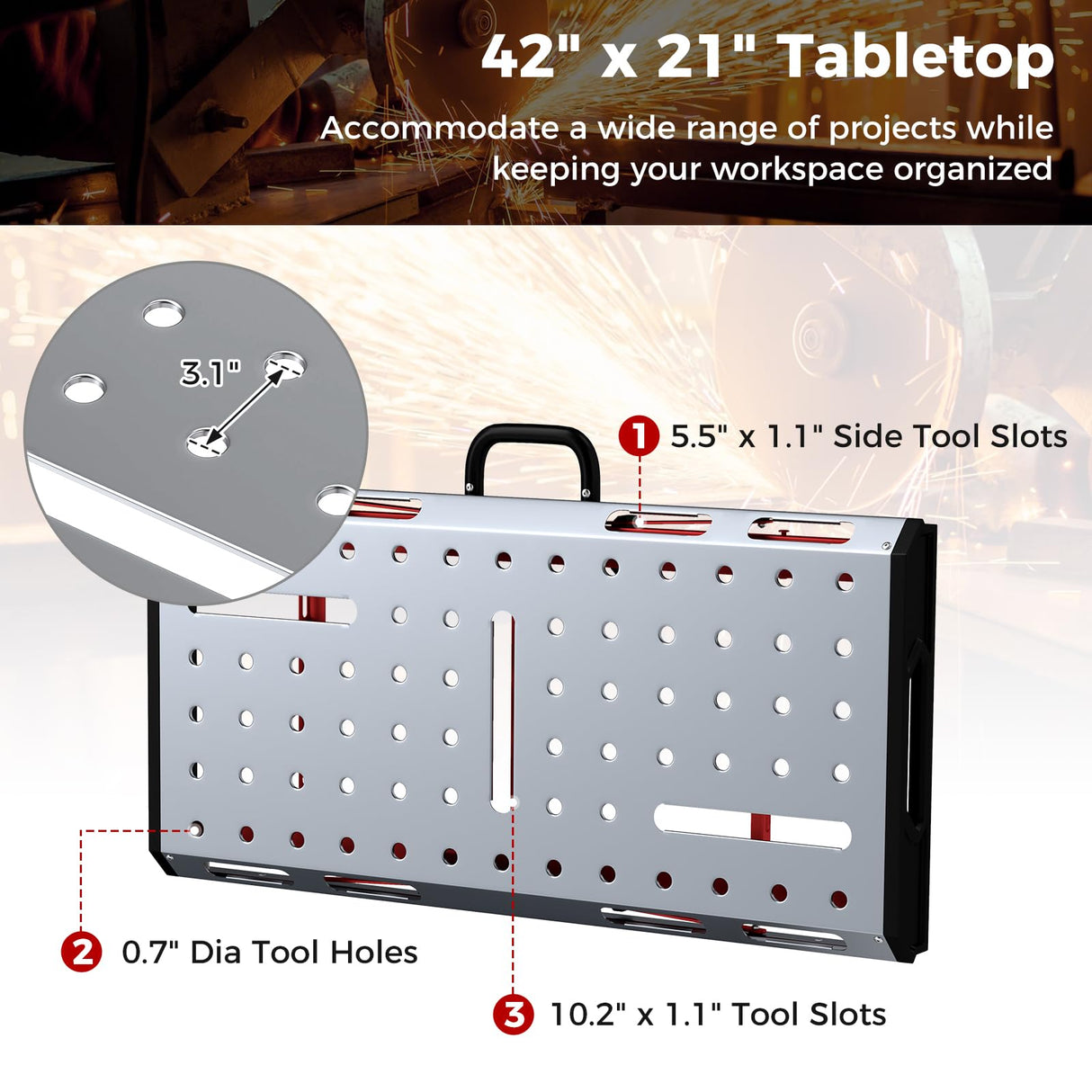 42" x 21" Portable Folding Welding Table, 1000 LBS Capacity Height Adjustable Weld Workbench with 2 Bar Clamps, 8 Tool Slots, Carrying Handle