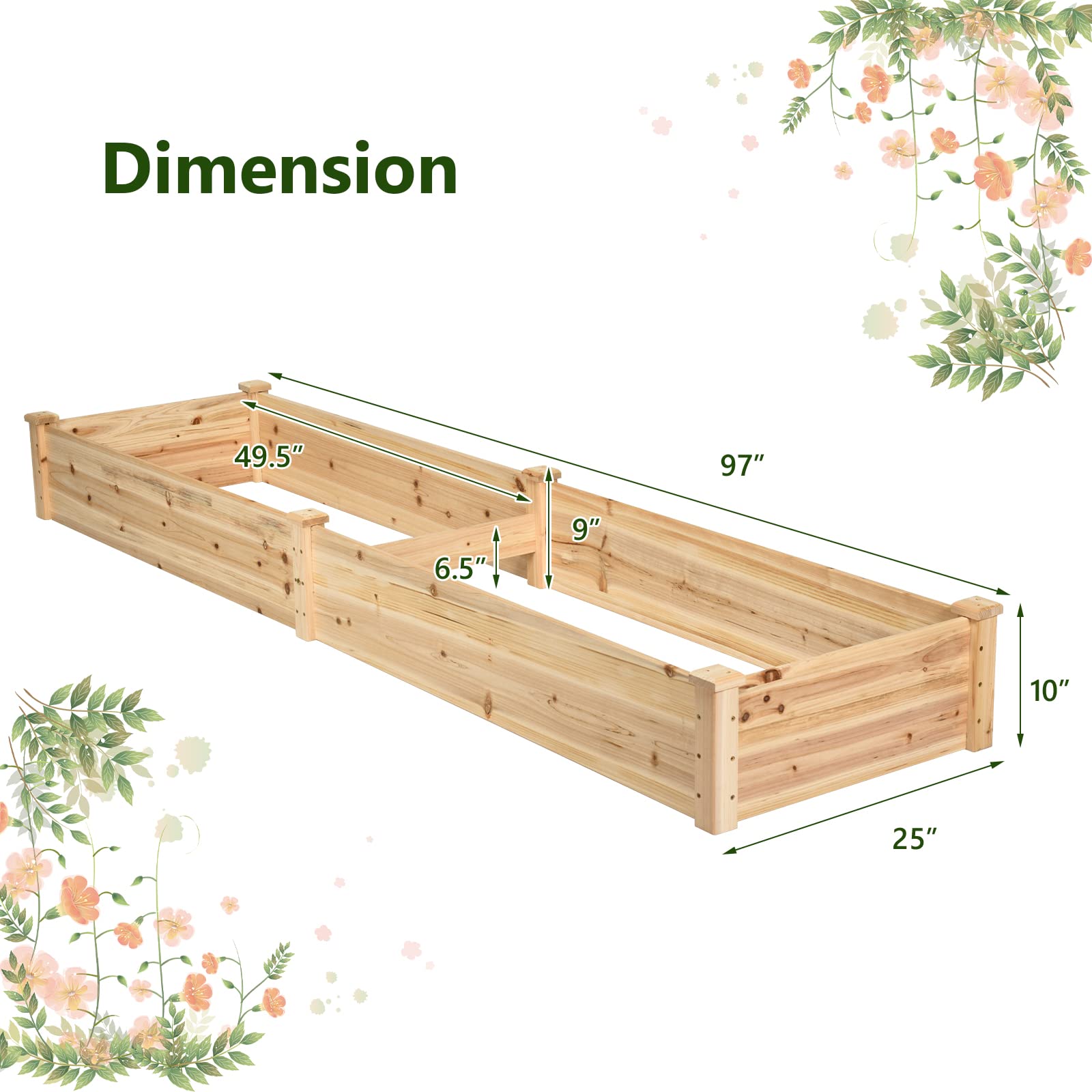 Natural Raised Garden Bed Elevated Planter Box with Open Bottom, 97”L x 25.5”W x 10”H Wooden Growing Bed for Garden Patio Yard