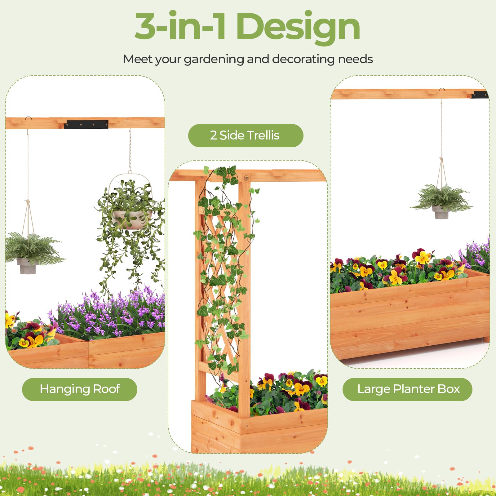 Raised Garden Bed with Trellis & Hanging Roof, Freestanding Planter Box for Flower Climbing Plant Herb, 79"L x 17.5"W x 45"H